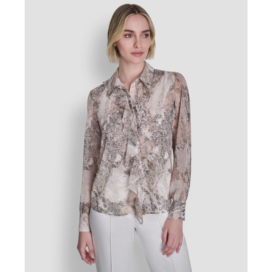 Dkny Women's Printed Ruffle Front Long-Sleeve Collared Blouse - Coconut / Travertine Multi