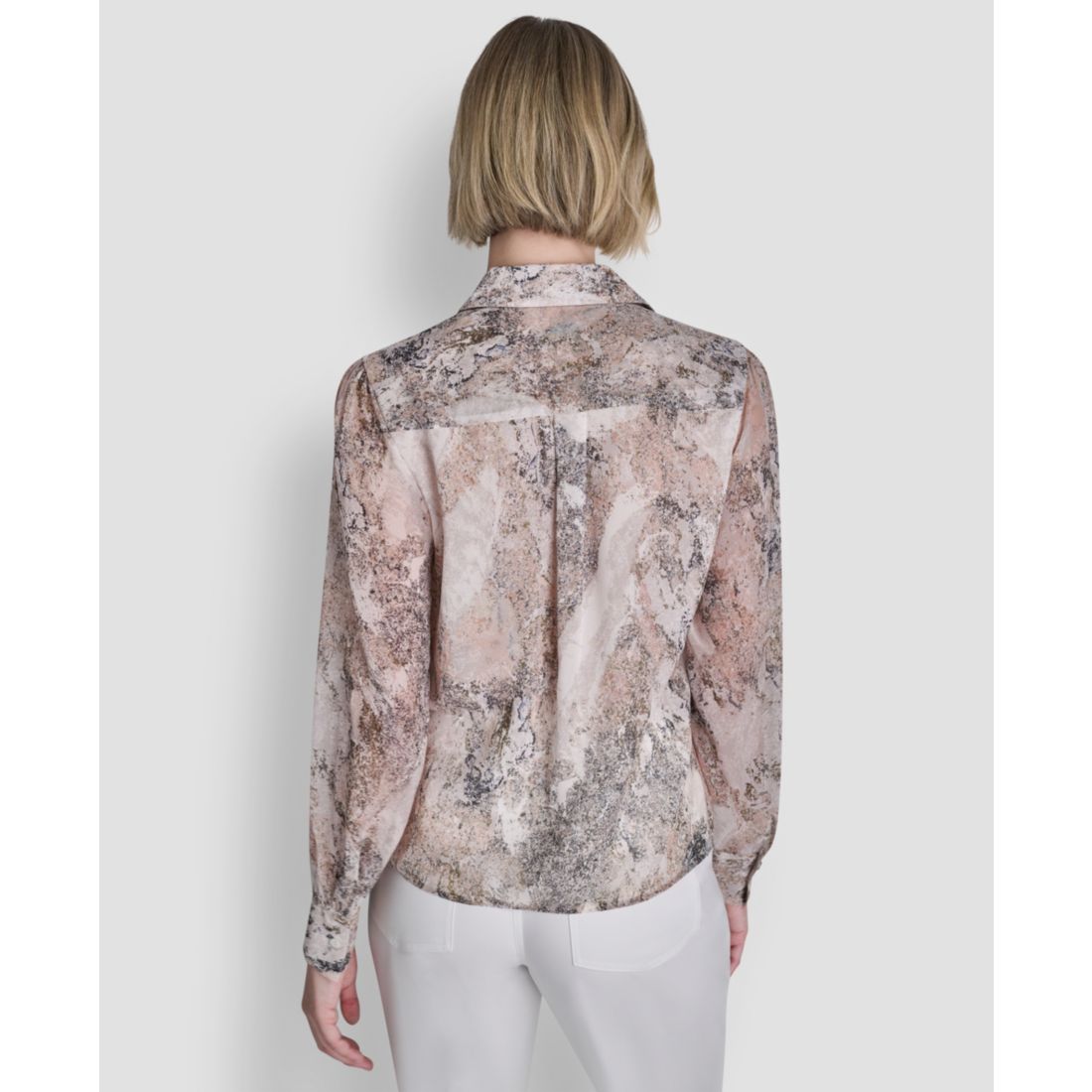 Dkny Women's Printed Ruffle Front Long-Sleeve Collared Blouse - Coconut / Travertine Multi