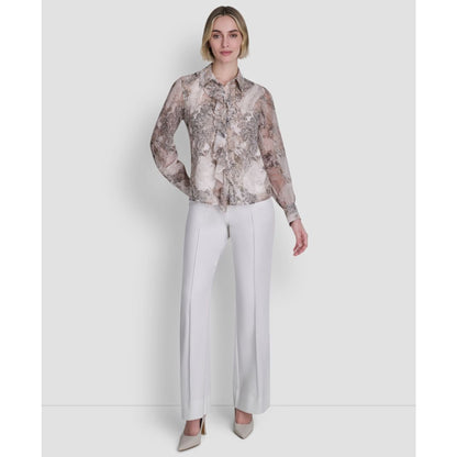 Dkny Women's Printed Ruffle Front Long-Sleeve Collared Blouse - Coconut / Travertine Multi
