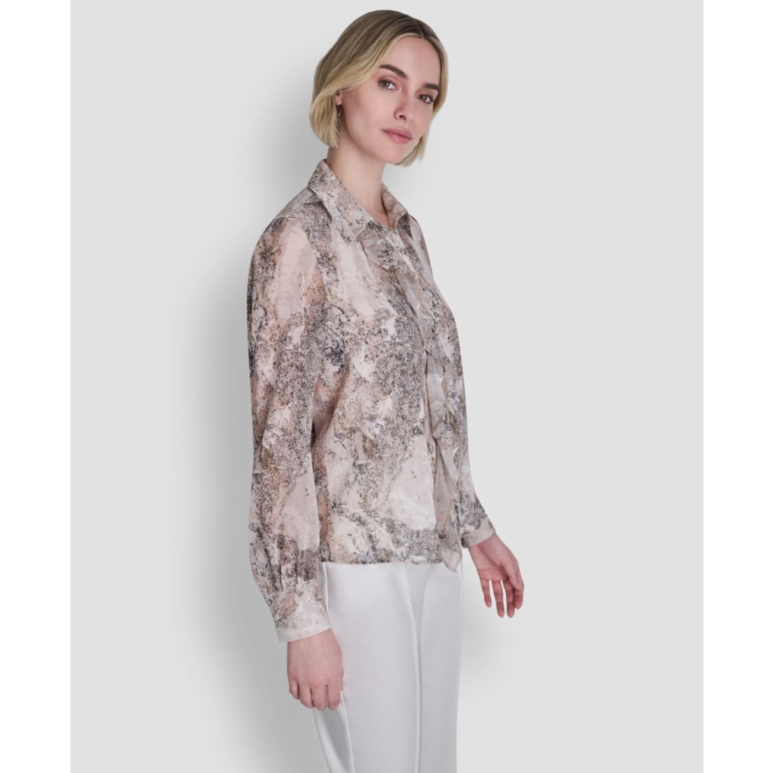 Dkny Women's Printed Ruffle Front Long-Sleeve Collared Blouse - Coconut / Travertine Multi
