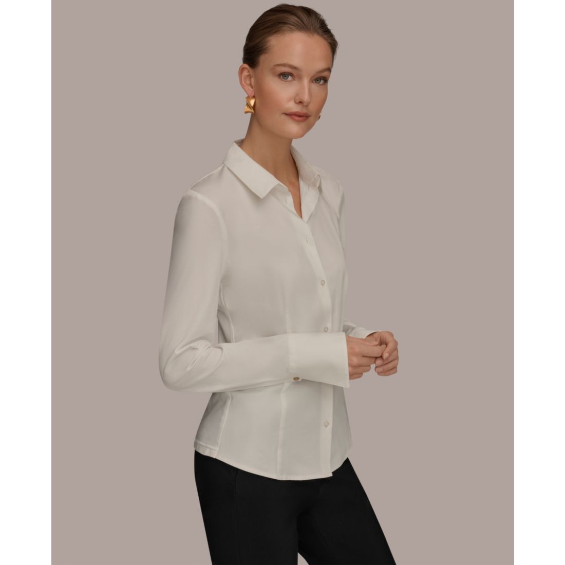 Donna Karan New York Women's Mixed Media Long-Sleeve Poplin Shirt