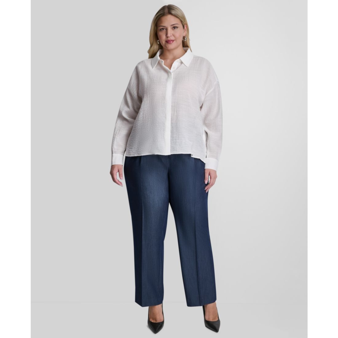 Dkny Plus Size Long-Sleeve Collared Organza Blouse