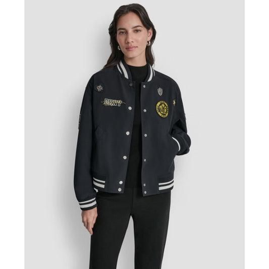 Dkny Women's 1989 Pins & Patches Snap-Front Varsity Jacket