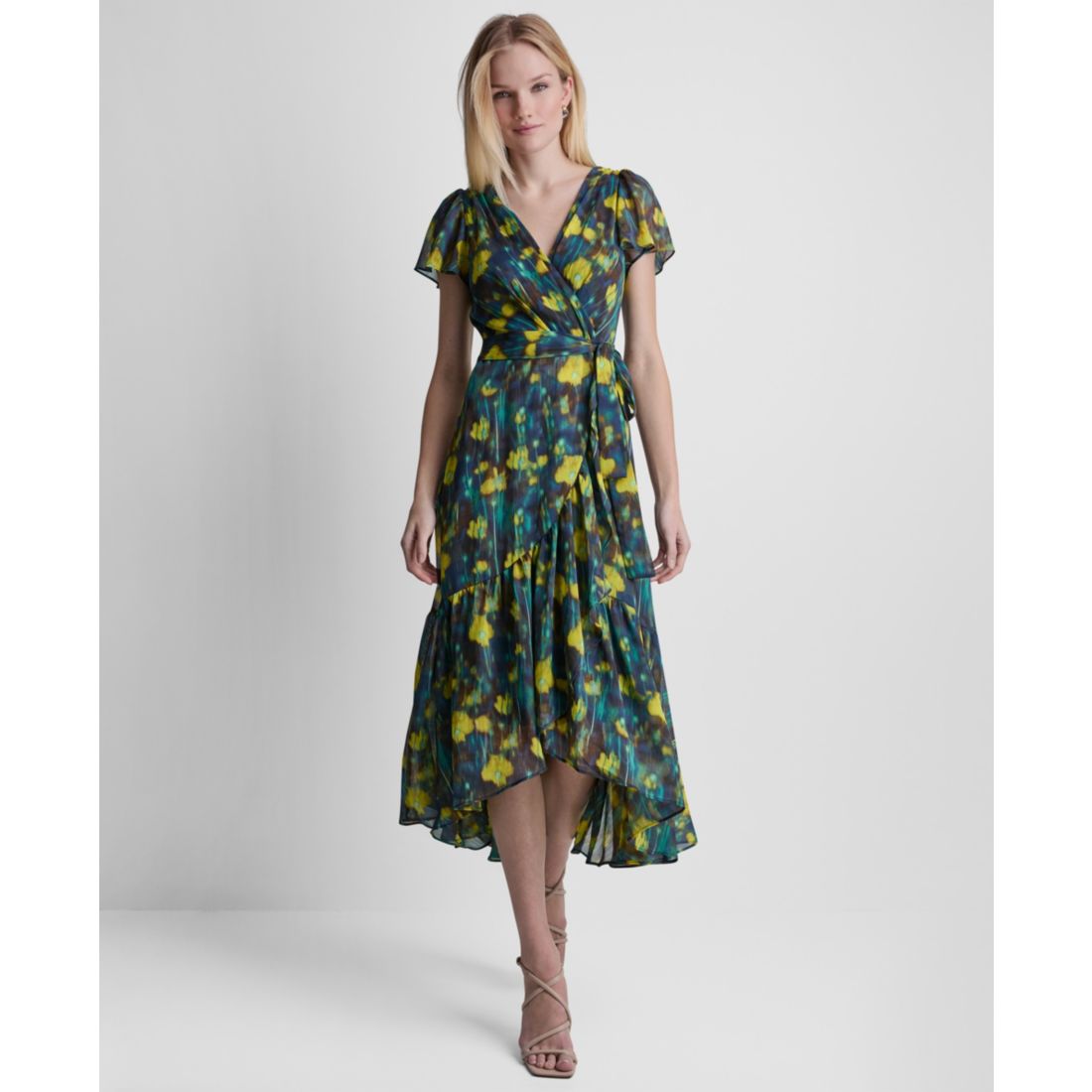 Dkny Women's Flutter-Sleeve Faux Wrap Ruffle Hem Midi Dress