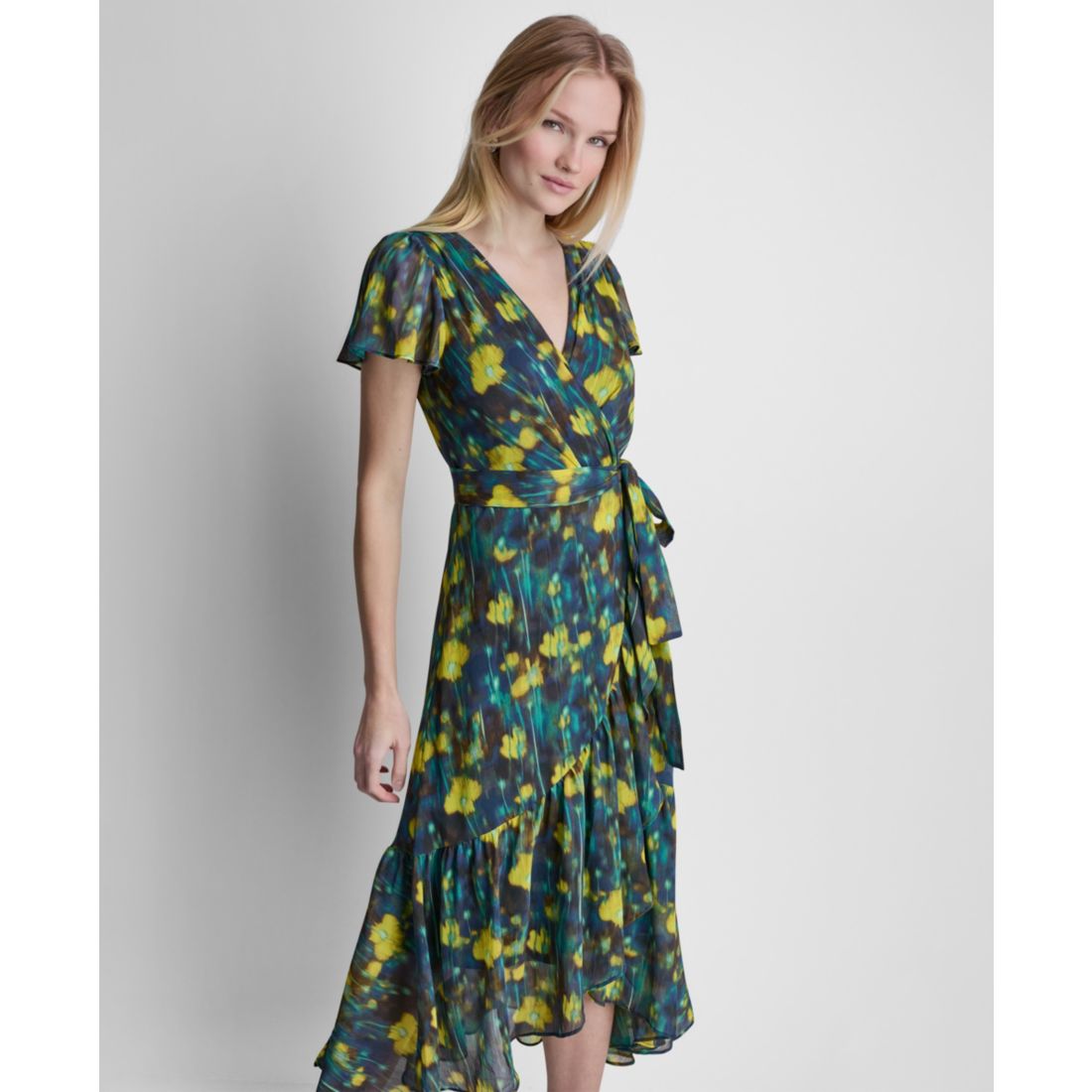 Dkny Women's Flutter-Sleeve Faux Wrap Ruffle Hem Midi Dress