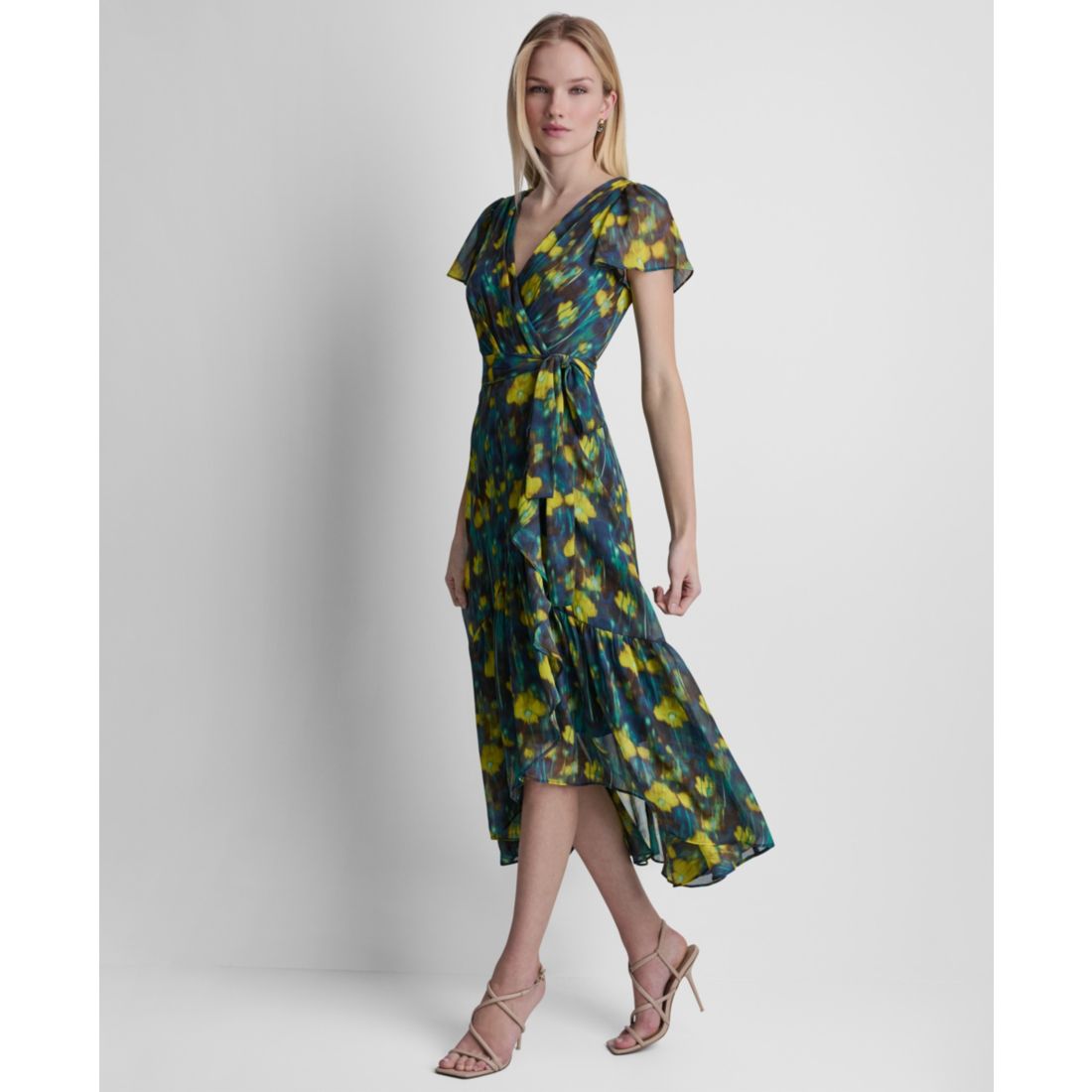 Dkny Women's Flutter-Sleeve Faux Wrap Ruffle Hem Midi Dress