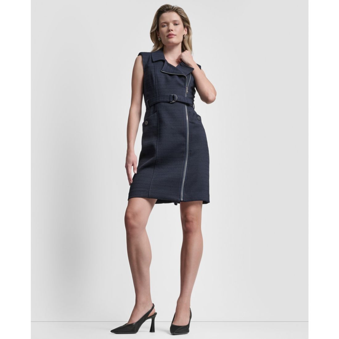 Dkny Women's Sleeveless Zipper Front Belted Jacket Dress