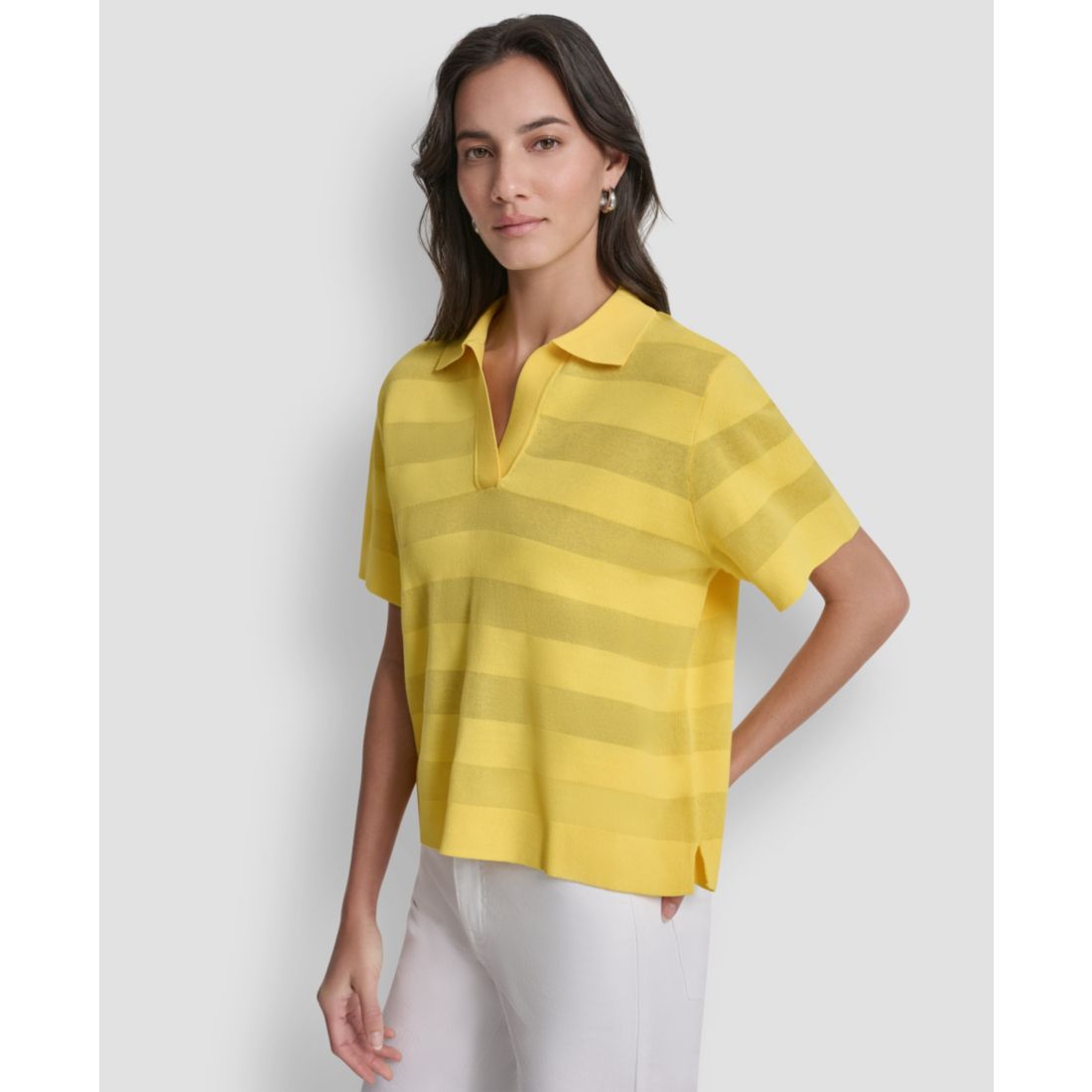 Dkny Women's Sheer Striped Collared Short-Sleeve Polo Shirt
