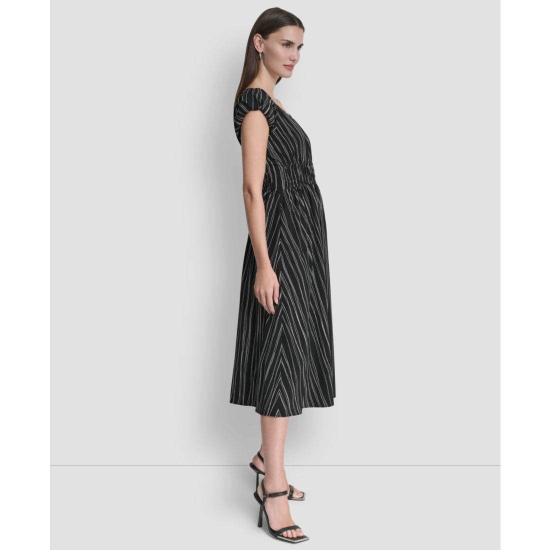 Dkny Women's Short Puff-Sleeve Striped Jewel Neck Midi Dress