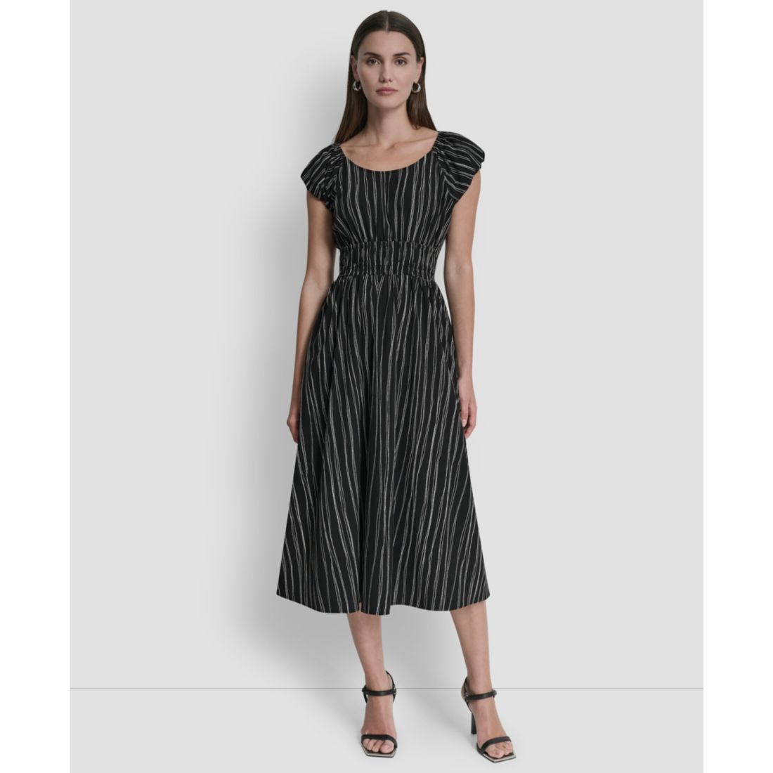 Dkny Women's Short Puff-Sleeve Striped Jewel Neck Midi Dress