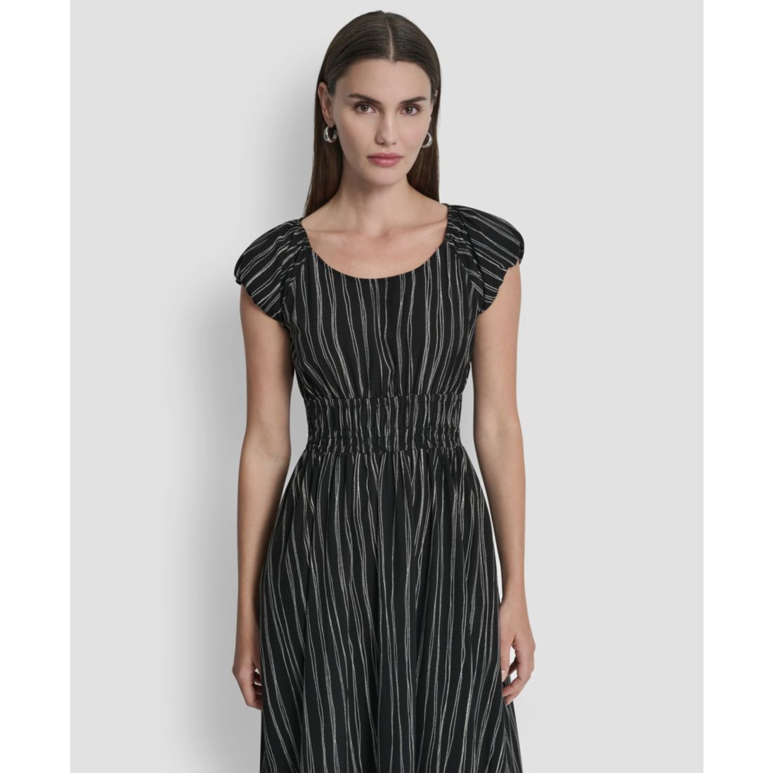 Dkny Women's Short Puff-Sleeve Striped Jewel Neck Midi Dress