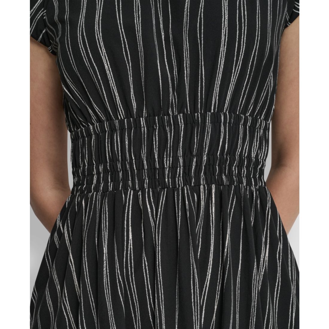 Dkny Women's Short Puff-Sleeve Striped Jewel Neck Midi Dress