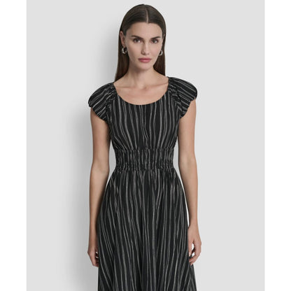 Dkny Women's Short Puff-Sleeve Striped Jewel Neck Midi Dress