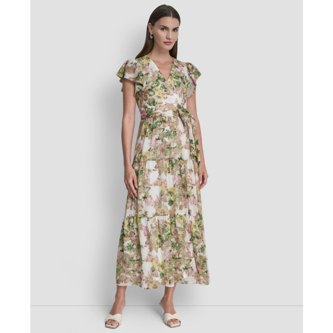 Dkny Women's V-Neck Tiered Long Dress