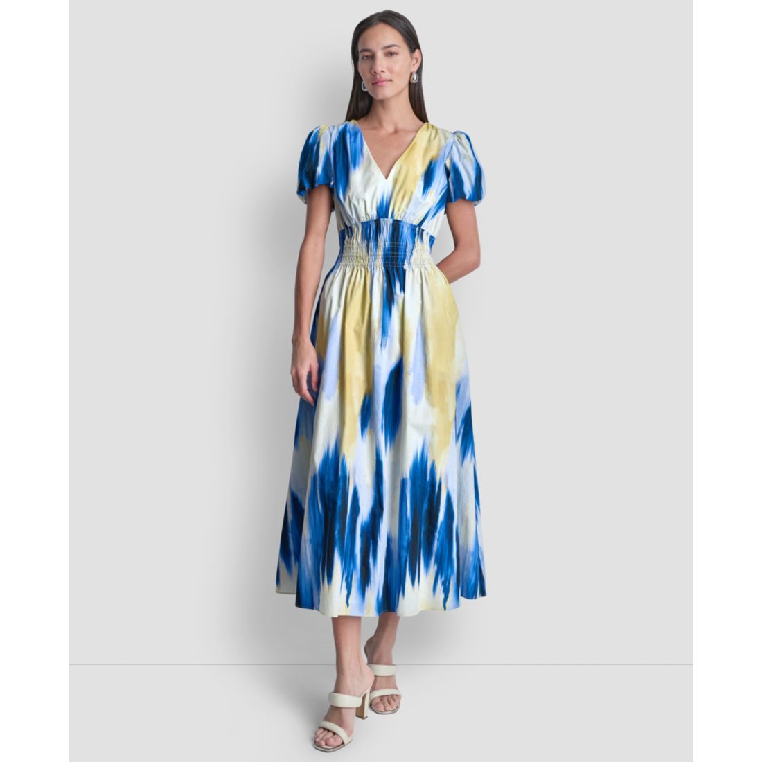 Dkny Women's Printed V-Neck Smocked Midi Dress