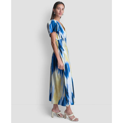 Dkny Women's Printed V-Neck Smocked Midi Dress