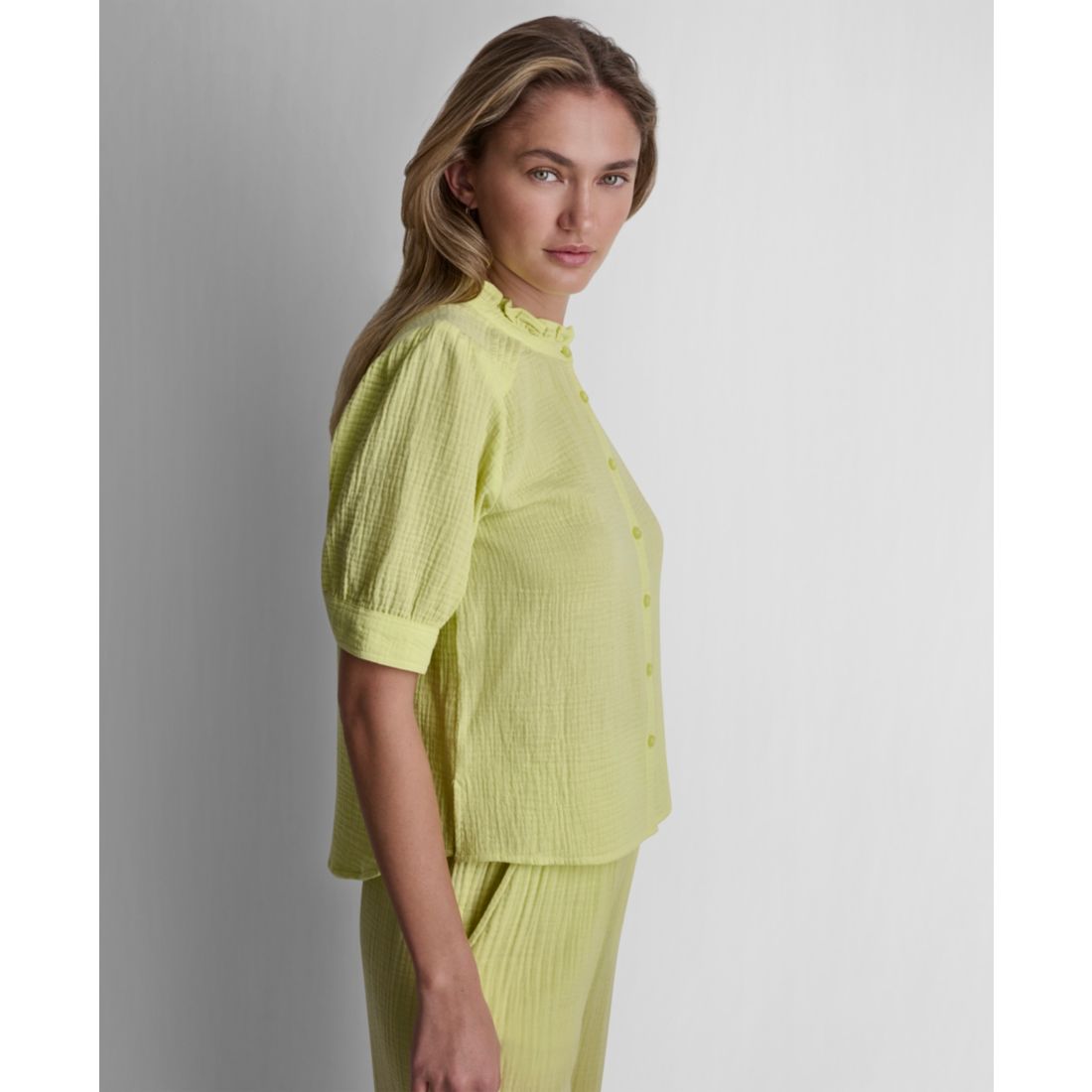 Dkny Jeans Petite Short Puff-Sleeve Button-Front Shirt
