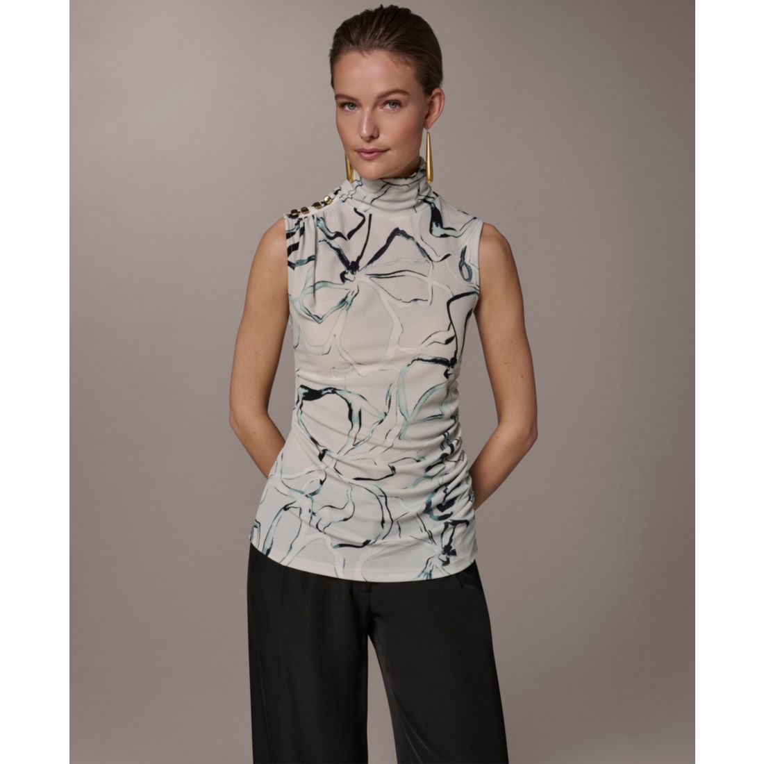 Donna Karan New York Women's Mock Neck Button Shoulder Top