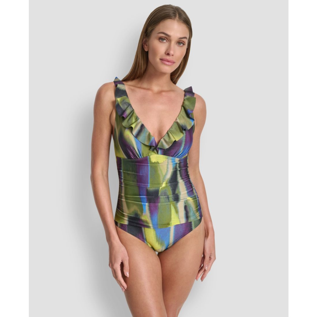 Dkny Ruffle Plunge Underwire Tummy Control One-Piece Swimsuit, Created for Macy's