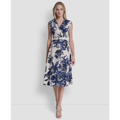 Dkny Women's Cap Sleeve Surplice Neck Belted Midi Dress