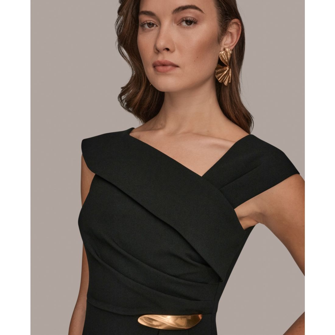 Donna Karan New York Women's Asymmetrical Neck Sheath Ruffle Dress