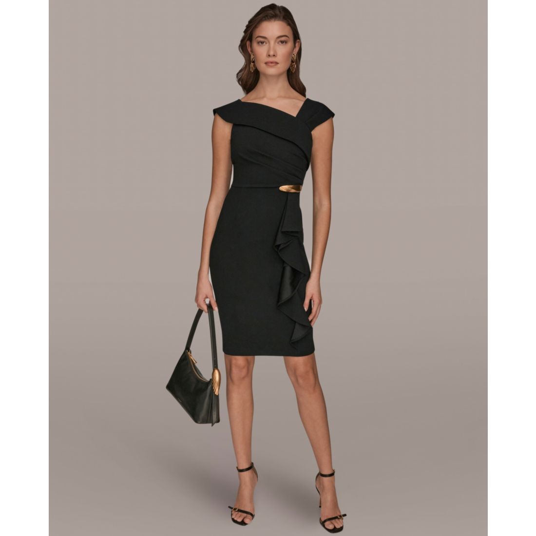 Donna Karan New York Women's Asymmetrical Neck Sheath Ruffle Dress