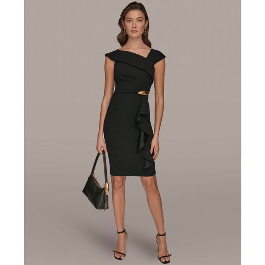 Donna Karan New York Women's Asymmetrical Neck Sheath Ruffle Dress