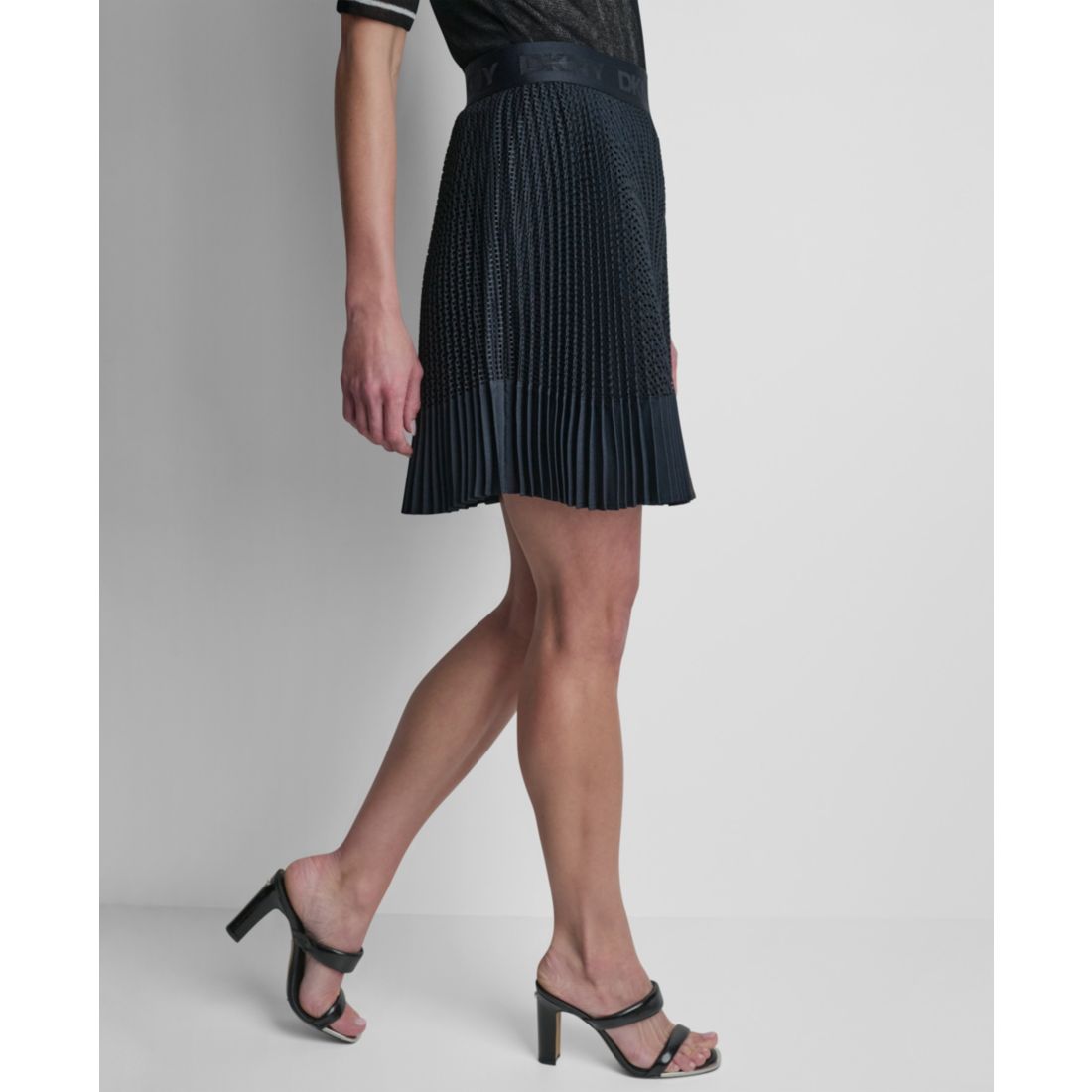 Dkny Women's Logo-Waist Mixed-Media Pleated-Hem Skirt