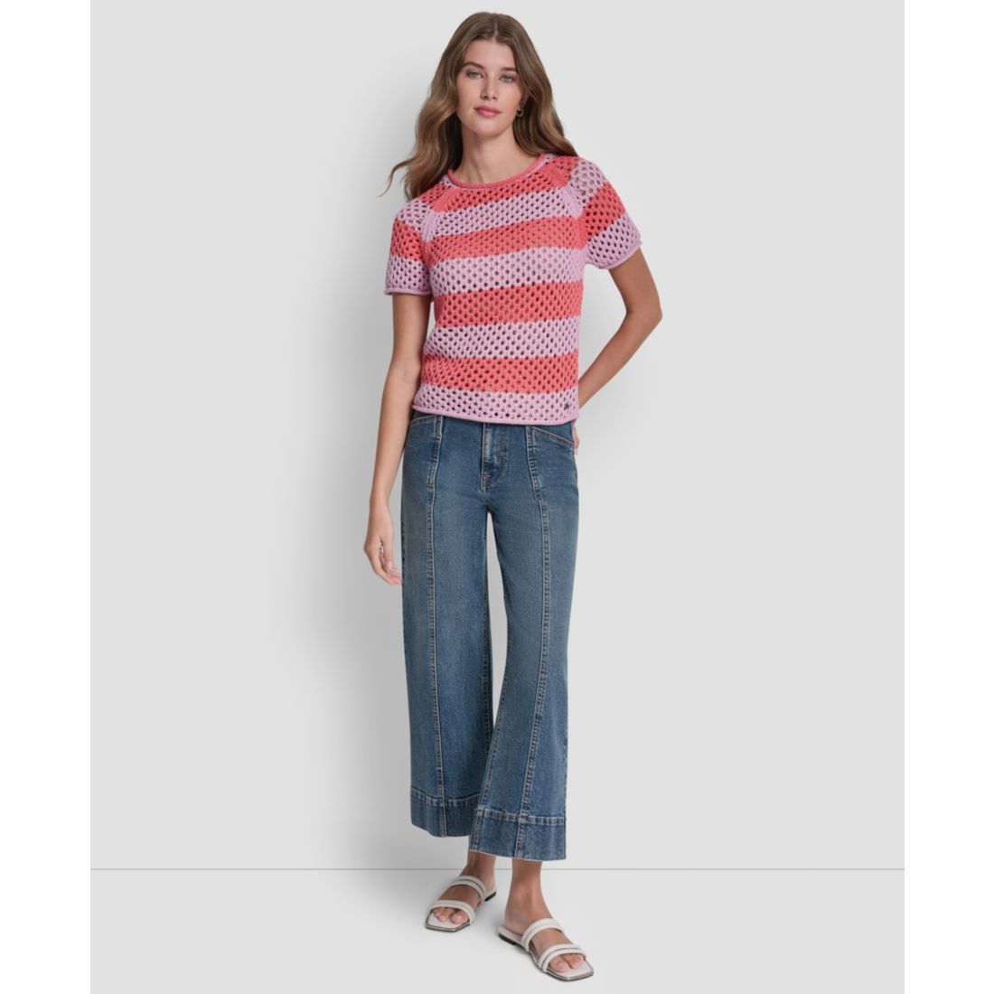 Dkny Jeans Women's Stripe Pointelle Cropped Pull-On Sweater