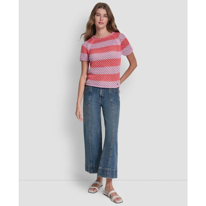 Dkny Jeans Women's Stripe Pointelle Cropped Pull-On Sweater
