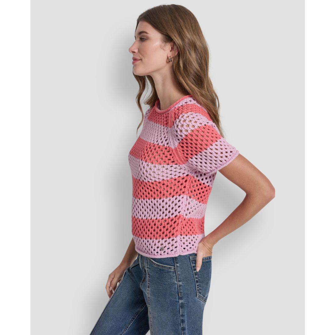 Dkny Jeans Women's Stripe Pointelle Cropped Pull-On Sweater