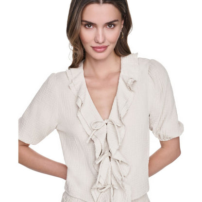 Dkny Jeans Petite Puff Short-Sleeve Tie Front V-Neck Shirt