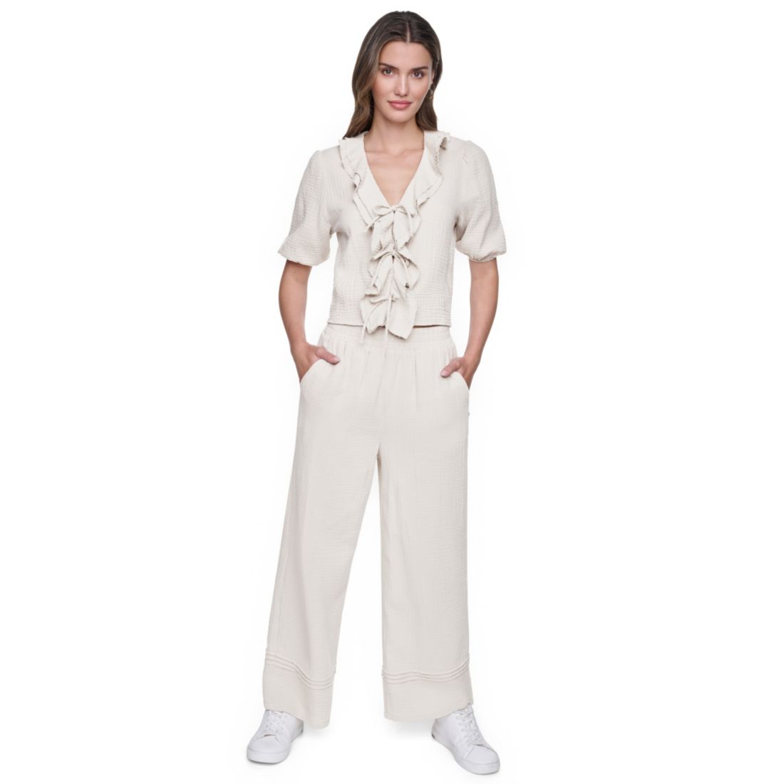 Dkny Jeans Petite Puff Short-Sleeve Tie Front V-Neck Shirt