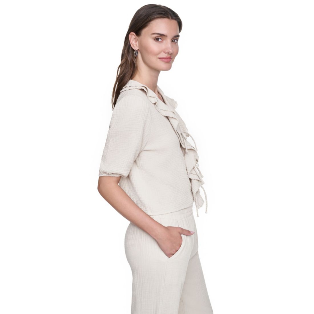 Dkny Jeans Petite Puff Short-Sleeve Tie Front V-Neck Shirt