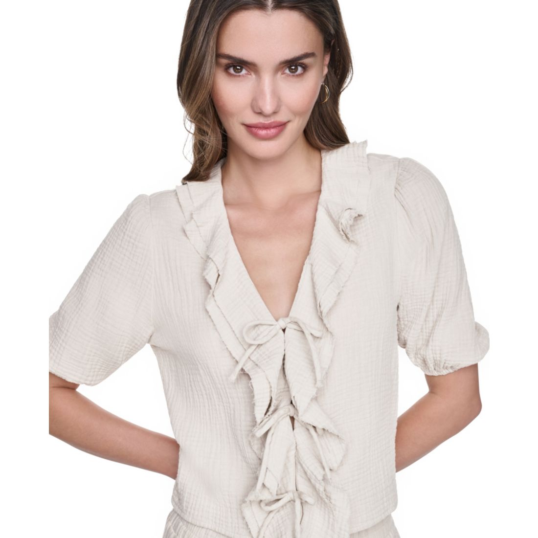 Dkny Jeans Petite Puff Short-Sleeve Tie Front V-Neck Shirt