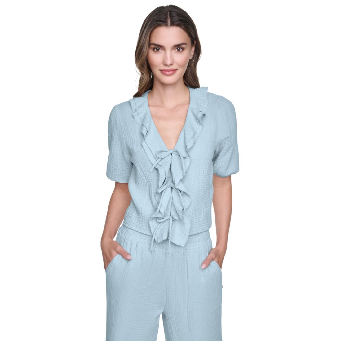 Dkny Jeans Petite Puff Short-Sleeve Tie Front V-Neck Shirt