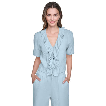 Dkny Jeans Petite Puff Short-Sleeve Tie Front V-Neck Shirt