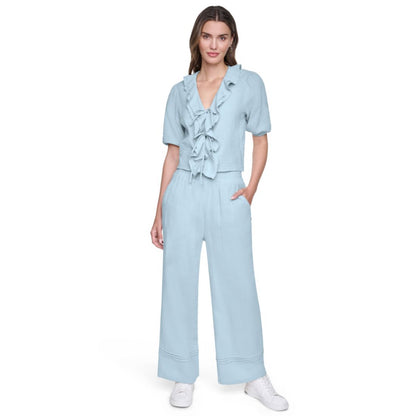 Dkny Jeans Petite Puff Short-Sleeve Tie Front V-Neck Shirt