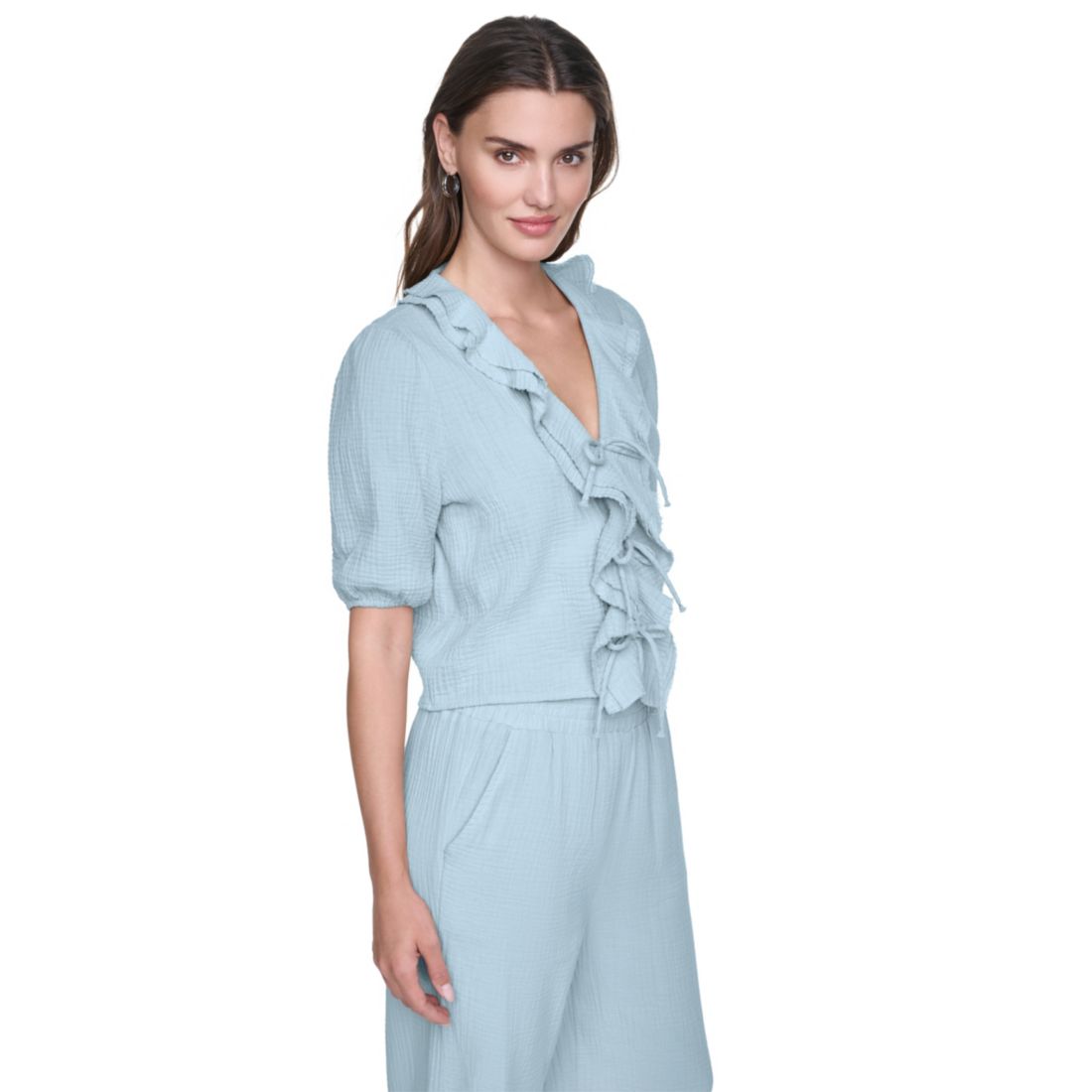Dkny Jeans Petite Puff Short-Sleeve Tie Front V-Neck Shirt