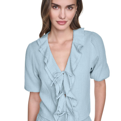 Dkny Jeans Petite Puff Short-Sleeve Tie Front V-Neck Shirt