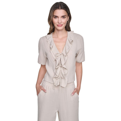 Dkny Jeans Women's V-Neck Short Puff Sleeve Tie-Front Shirt