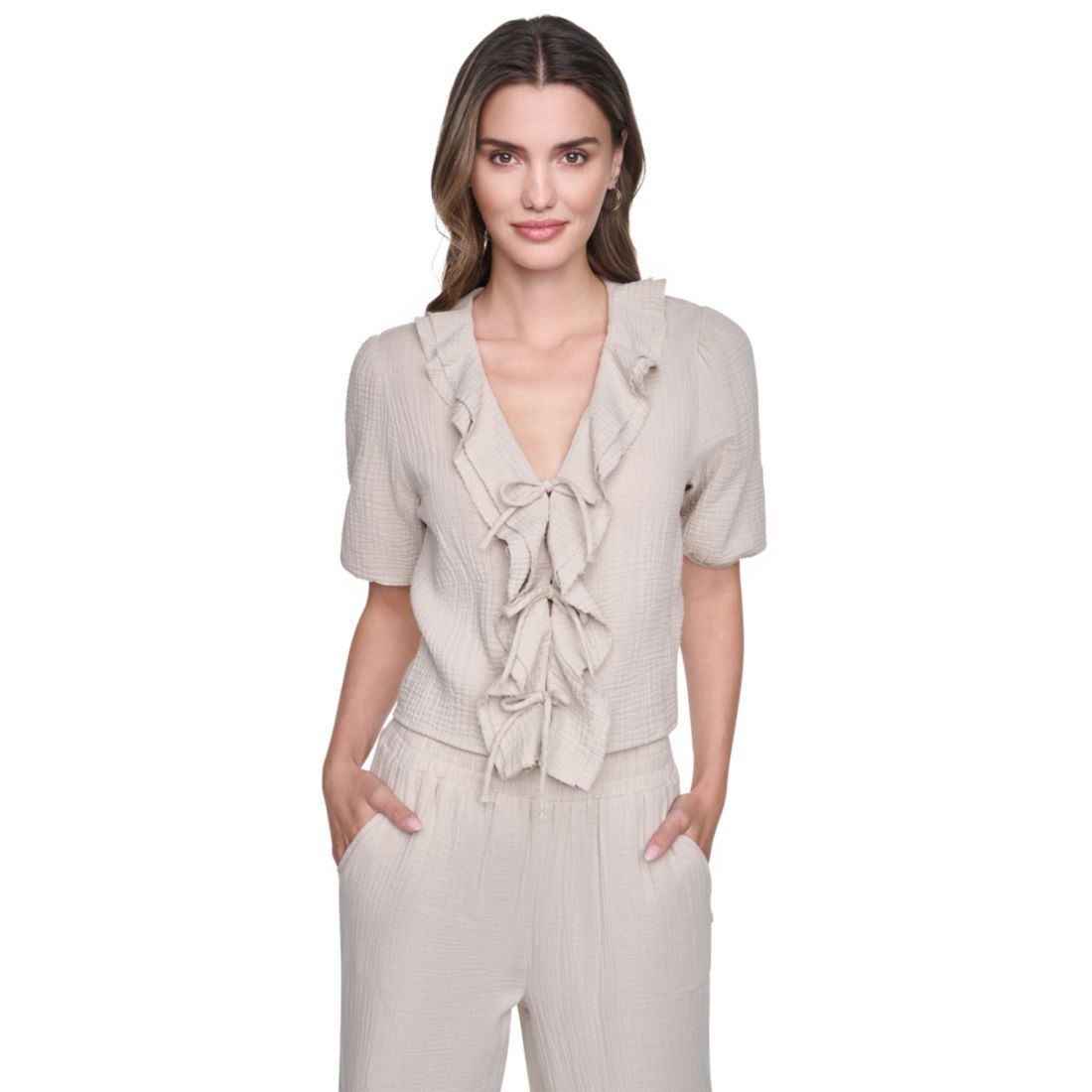 Dkny Jeans Women's V-Neck Short Puff Sleeve Tie-Front Shirt