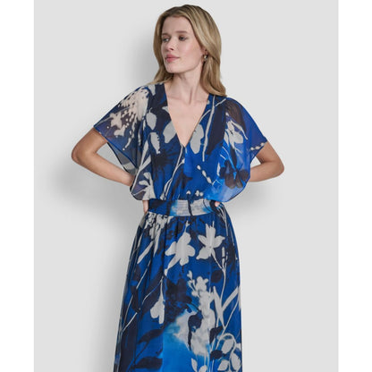 Dkny Women's Short Flutter Sleeve V Neck Smocked Waist Floral Midi Dress