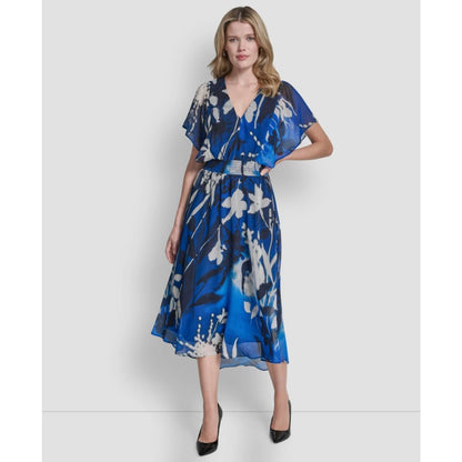 Dkny Women's Short Flutter Sleeve V Neck Smocked Waist Floral Midi Dress