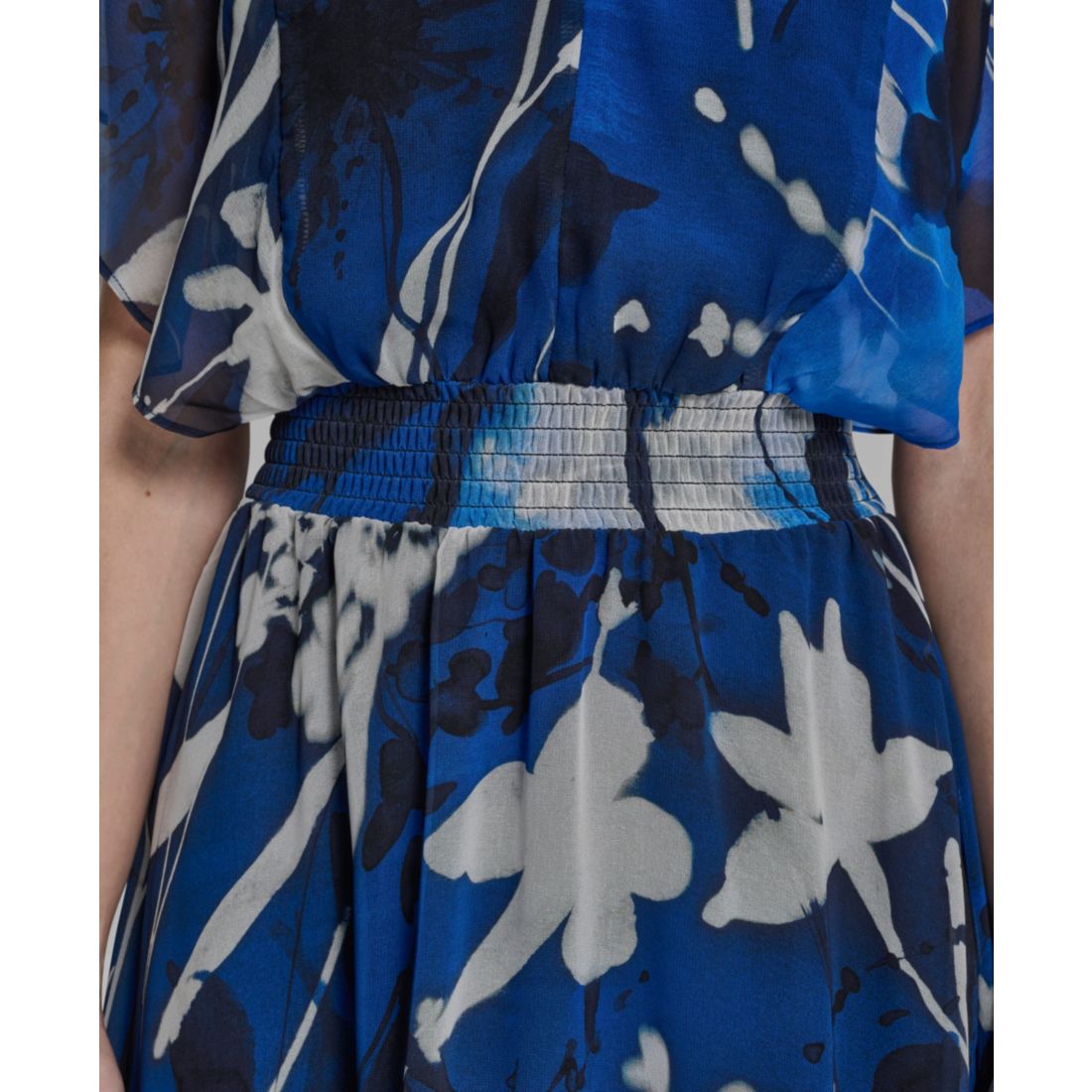 Dkny Women's Short Flutter Sleeve V Neck Smocked Waist Floral Midi Dress