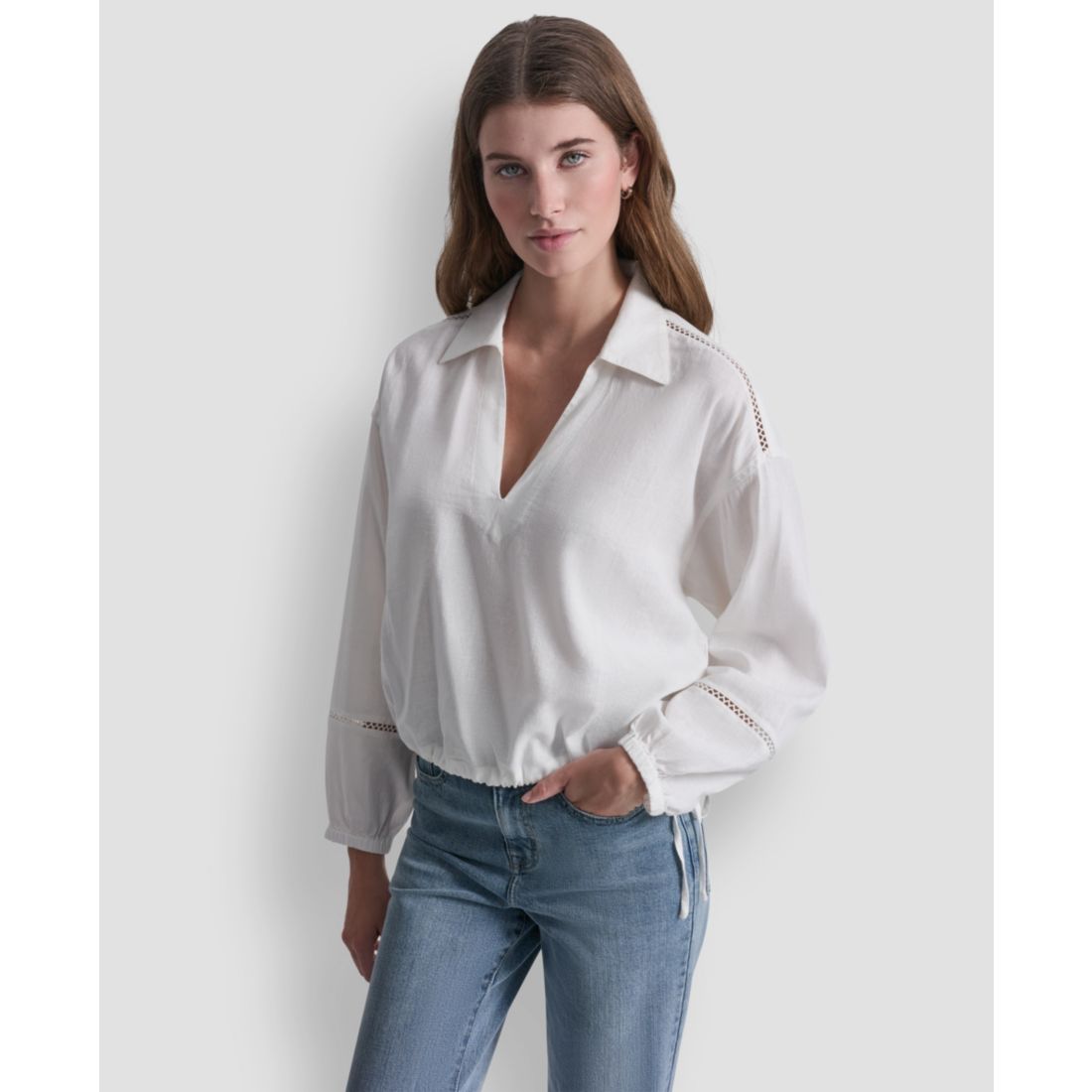 Dkny Jeans Women's Cropped Long-Sleeve V-Neck Shirt