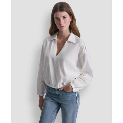 Dkny Jeans Women's Cropped Long-Sleeve V-Neck Shirt