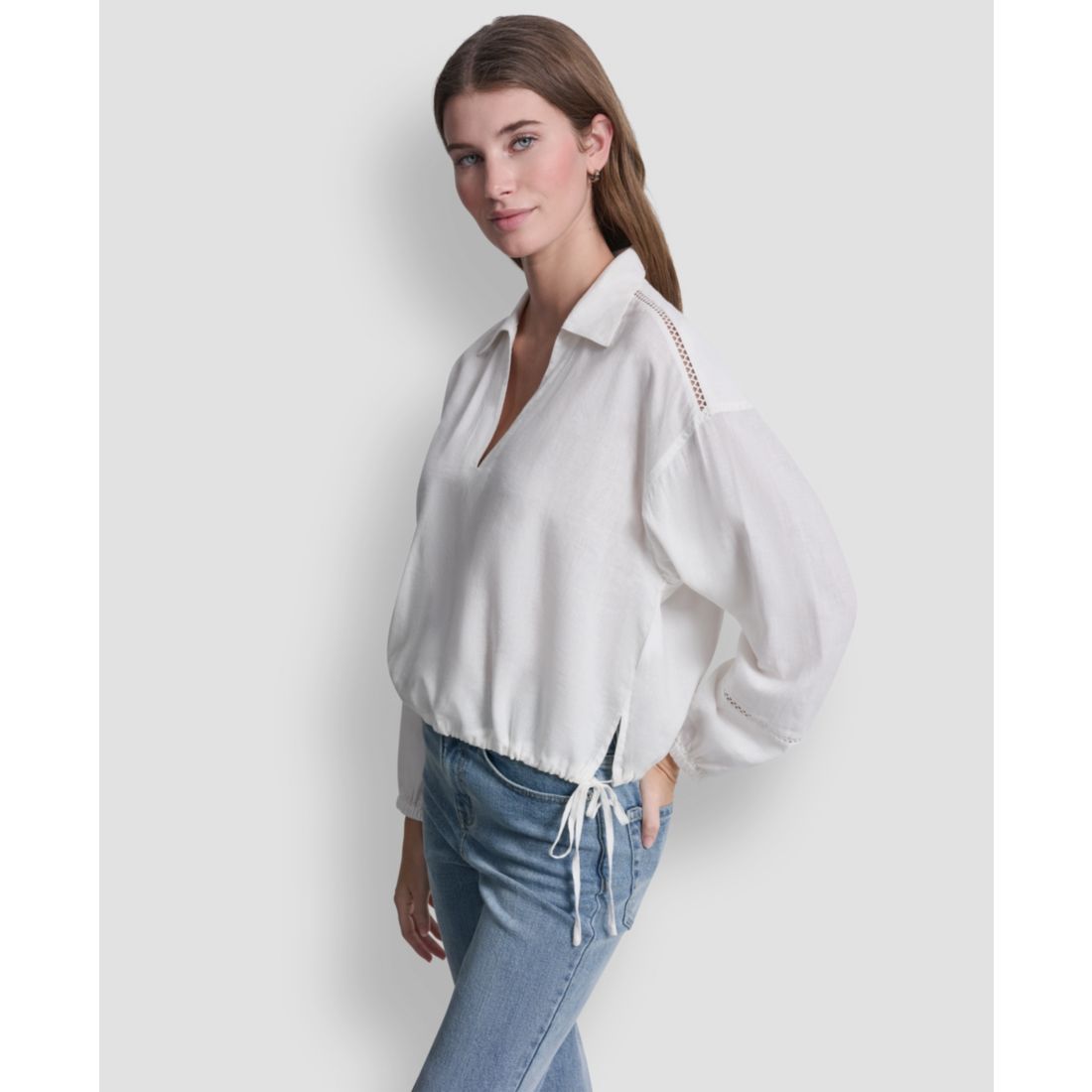 Dkny Jeans Women's Cropped Long-Sleeve V-Neck Shirt
