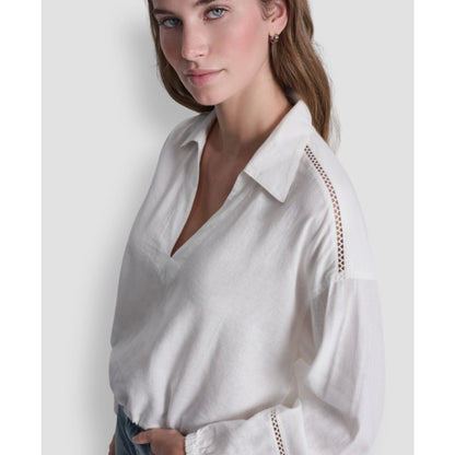 Dkny Jeans Women's Cropped Long-Sleeve V-Neck Shirt