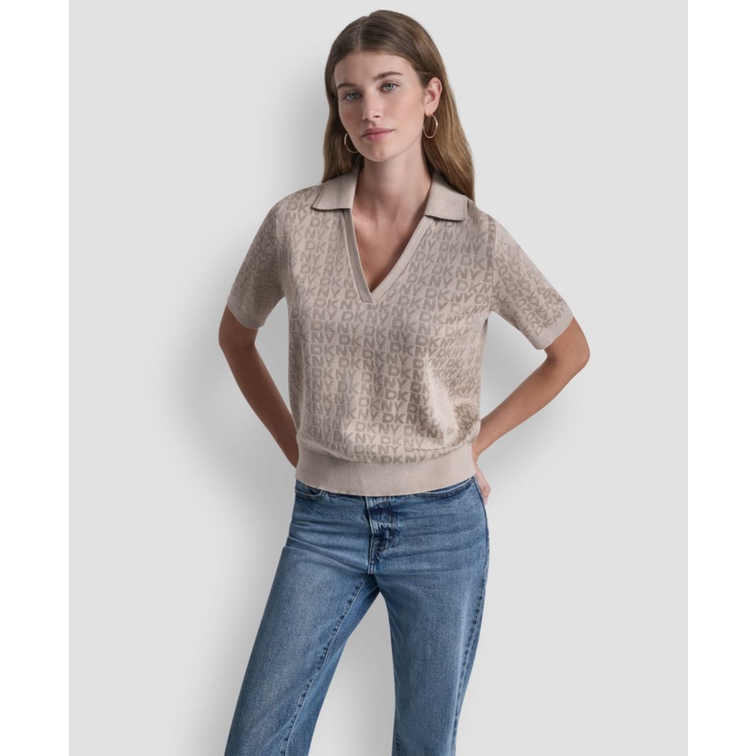 Dkny Jeans Petite Polo Collar Logo Sweater